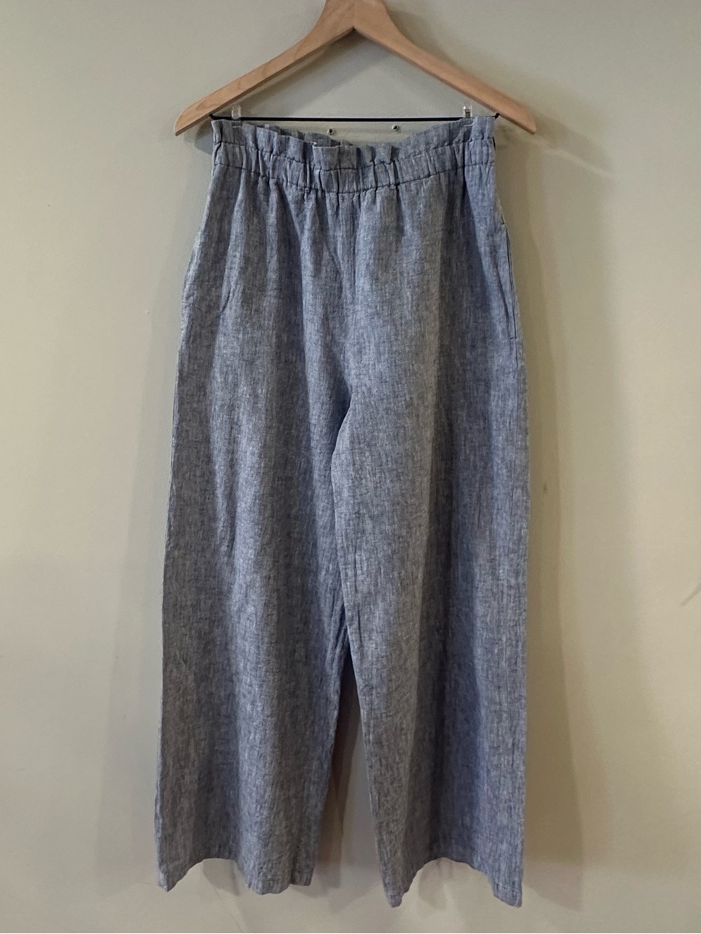 Linen-Cotton Wide Leg Paperbag Chambray Pants